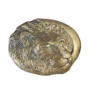Vtg.  Bronze Lion Head Belt Buckle Artist Signed Oval Shape Detailed Design 3"