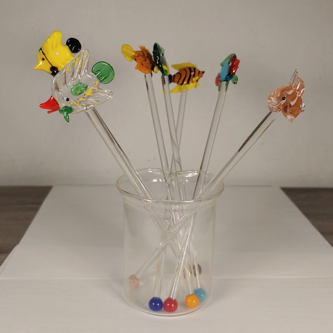 Handcrafted Glass Fish Drink Stirrers Set of 7 Vibrant Colors Fun Bar ...