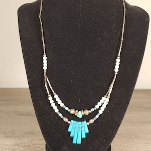 Handcrafted Turquoise & Pearl Double Strand Necklace With Silver Accents 18&quot;