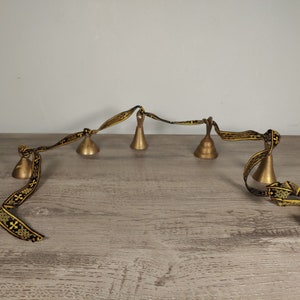 Vtg Etched Brass Sarna Sleigh Bells On Black & Gold Ribbon Set of 5 Beautiful Sound