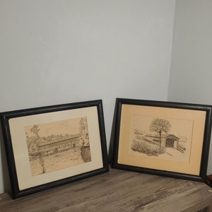 Vintage Framed Henk Brinkman "79" Signed Covered Bridge Drawings - Set Of 2