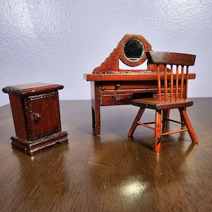 Vintage Miniature Wooden Vanity Set With Mirror Chair & Nightstand - Dollhouse Furniture - 4&quot; Vanity Height - Classic Brown Finish