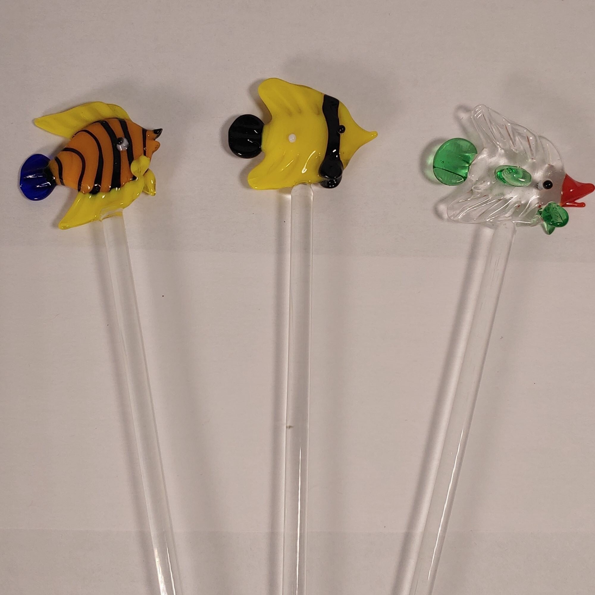 Handcrafted Glass Fish Drink Stirrers Set of 7 Vibrant Colors Fun Bar ...
