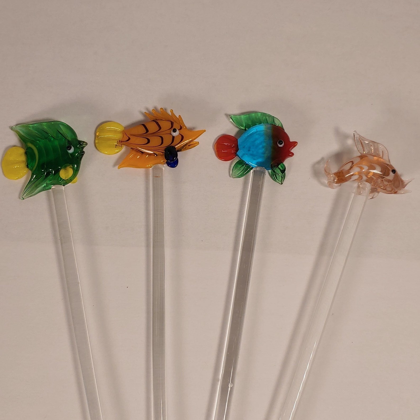 Handcrafted Glass Fish Drink Stirrers Set of 7 Vibrant Colors Fun Bar ...