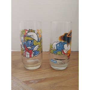 Lot of 2 Smurf Glasses Promo Jokey Smurf and Smurfette Smurfday 1982/1983 16oz