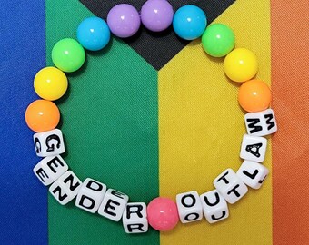 Gender Outlaw Rainbow Beaded Stretch Bracelet Trans Queer LGBTQ