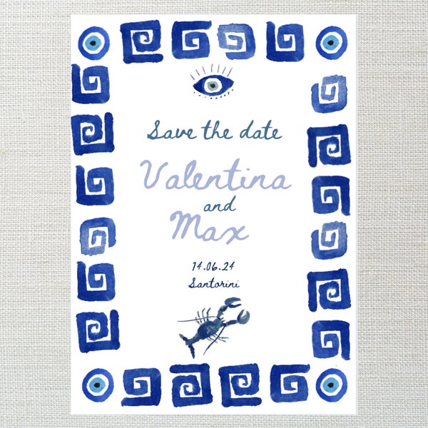 Hand painted illustrated Greek style editable wedding invitation / save the date