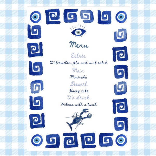 Hand painted illustrated Greek style editable menu for dinner parties, weddings, events