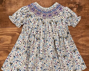 Girls Floral Smocked Dress - Fall Dress, Spring Dress, Blue, Green, Purple, Baby Bishop Dress