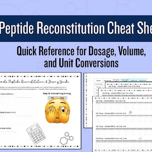 May include: A dark blue graphic with the text "Peptide Reconstitution Cheat Sheet" and "Quick Reference for Dosage, Volume, and Unit Conversions." The image includes a guide with steps for calculations and unit conversions, along with several reference sheets.