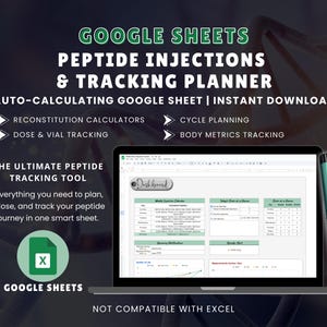 Może przedstawiać: Laptop wyświetla arkusz Google do planowania wstrzyknięć peptydów i śledzenia. Ekran pokazuje pulpit nawigacyjny z wykresami i tabelami. Turkusowy długopis i fiolka znajdują się po prawej stronie.