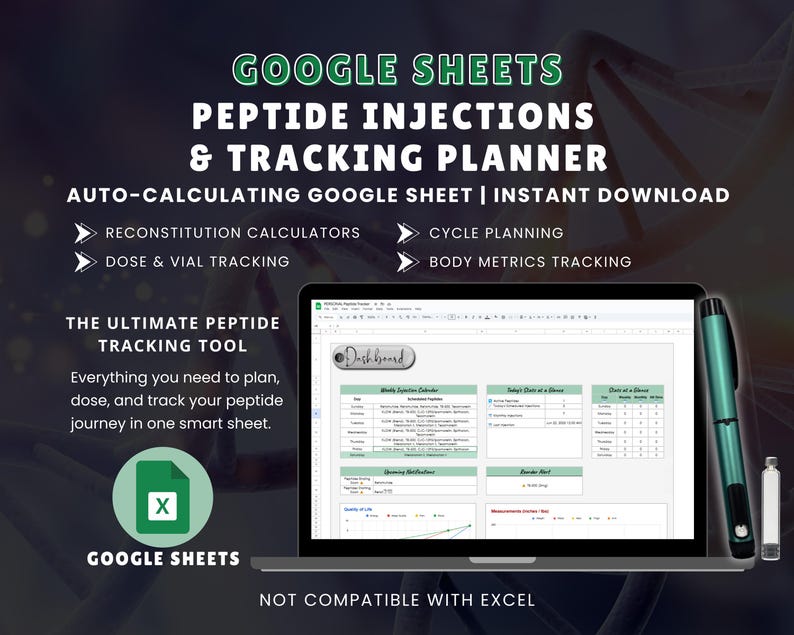 Google sheets peptide and injection tracker and planner. Cycle planning, dose and vial tracking, reconstitution calculations, body metrics tracking.