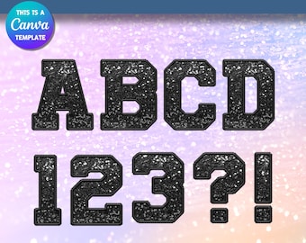 Alfabeto bordado com lantejoulas falsas: Patches de letras pretas com glitter PNG (download digital)