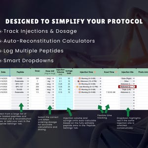 K&ouml;nnte beinhalten: Eine digitale Tabelle mit dem Text &bdquo;DESIGNED TO SIMPLIFY YOUR PROTOCOL&ldquo;. Zu den Funktionen geh&ouml;ren die Verfolgung von Injektionen, Dosierung, automatische Rekonstitutionsrechner, Protokollierung von Peptiden und intelligente Dropdowns. Die Tabelle zeigt Daten mit Spalten f&uuml;r Datum, Peptid, Dosis und Injektionsstelle.