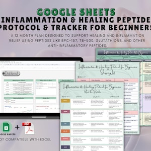 May include: A digital product image featuring a laptop displaying a Google Sheets dashboard, alongside PDF documents. The text reads "Inflammation & Healing Peptide Protocol & Tracker for Beginners." The product is designed to support healing and inflammation relief.
