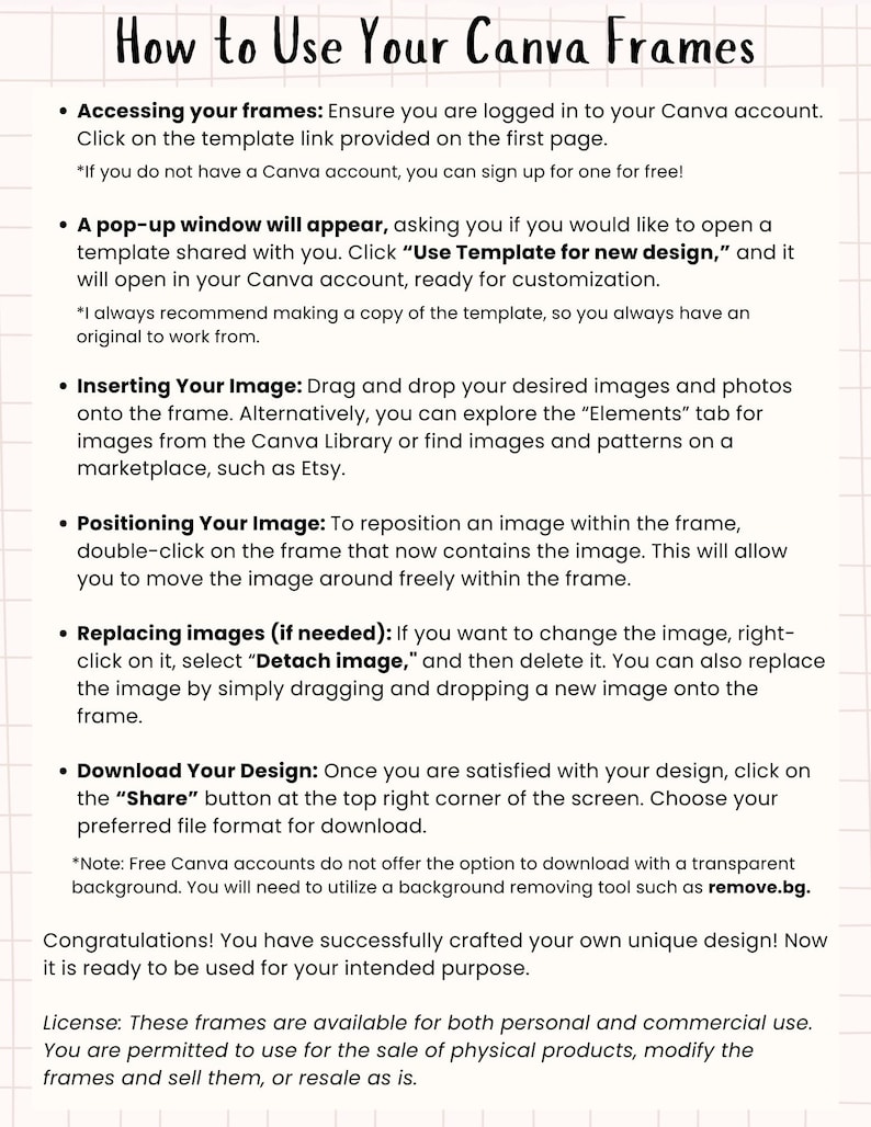 Peut inclure: Un fond blanc avec du texte noir expliquant comment utiliser les cadres Canva. Les instructions incluent l'acc&egrave;s aux cadres, l'insertion d'images, le positionnement des images, le remplacement des images et le t&eacute;l&eacute;chargement des designs. Etsy est &eacute;galement mentionn&eacute;.