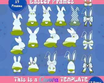 Peut inclure: Un ensemble de 17 cadres de lapin de Pâques dans différentes poses, y compris un lapin avec un nœud, un lapin avec un chapeau et un lapin avec une fleur. Les cadres sont dans un schéma de couleurs bleu et vert et sont parfaits pour ajouter une touche de gaieté de Pâques à vos designs.