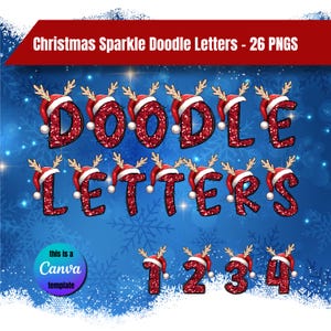 Christmas Doodle Letter PNGS, Faux Glitter, Sparkles, Full Alphabet & Numbers, Cute Clipart Pack, Christmas Letters