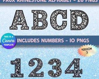 Clipart di alfabeto e numeri con strass finti (download digitale PNG)