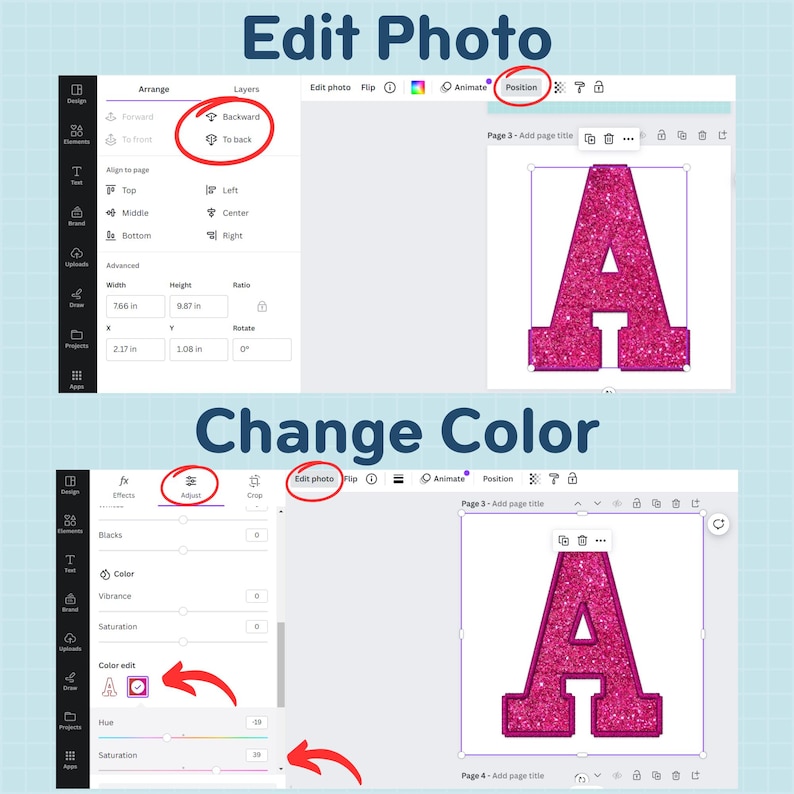 Peut inclure: Capture d'&eacute;cran d'une interface d'application de retouche photo. L'image montre des options pour organiser les calques, dont "Arri&egrave;re" et "Vers l'arri&egrave;re". La section inf&eacute;rieure affiche des outils de r&eacute;glage des couleurs, avec des fl&egrave;ches pointant vers les commandes "Teinte" et "Saturation".