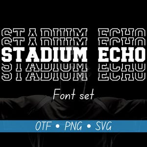 May include: A black and white graphic design featuring the text "STADIUM ECHO" in a bold, blocky font style. The text is repeated multiple times, creating a layered effect. The text is set against a black background. The image also includes the text "Font set" and "OTF PNG SVG".