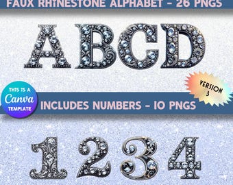 Clipart PNG con alfabeto e numeri in finto strass