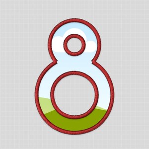 Peut inclure: &Eacute;cusson brod&eacute; du chiffre huit avec une bordure rouge. L'int&eacute;rieur pr&eacute;sente un fond bleu ciel avec des nuages blancs et un paysage vert en bas. Le patch est probablement destin&eacute; aux v&ecirc;tements ou &agrave; l'artisanat.