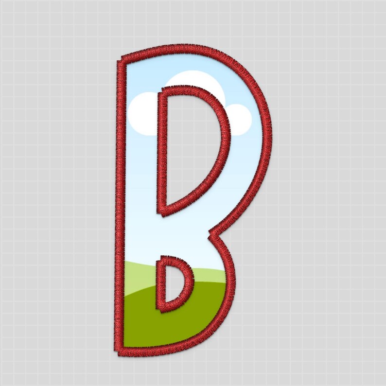 Peut inclure: Lettre "B" brod&eacute;e avec un contour rouge. L'int&eacute;rieur pr&eacute;sente un fond bleu ciel avec des nuages blancs et un paysage vert en bas. Id&eacute;al pour des &eacute;cussons ou des appliqu&eacute;s.