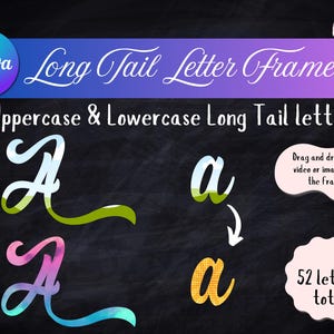 Peut inclure: Une illustration numérique de lettres majuscules et minuscules avec des queues longues. Les lettres sont de différentes couleurs, notamment le vert, le bleu, le rose et le jaune. Les lettres sont sur un fond de tableau noir. Le texte "Canva Long Tail Letter Frames" et "Uppercase & Lowercase Long Tail letters" est en haut de l'image. Le texte "Faites glisser et déposez votre vidéo ou image dans le cadre !" est dans un cercle blanc. Le texte "52 lettres au total" est dans un cercle rose.