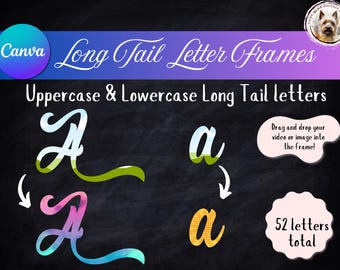 Peut inclure: Une illustration numérique de lettres majuscules et minuscules avec des queues longues. Les lettres sont de différentes couleurs, notamment le vert, le bleu, le rose et le jaune. Les lettres sont sur un fond de tableau noir. Le texte "Canva Long Tail Letter Frames" et "Uppercase & Lowercase Long Tail letters" est en haut de l'image. Le texte "Faites glisser et déposez votre vidéo ou image dans le cadre !" est dans un cercle blanc. Le texte "52 lettres au total" est dans un cercle rose.