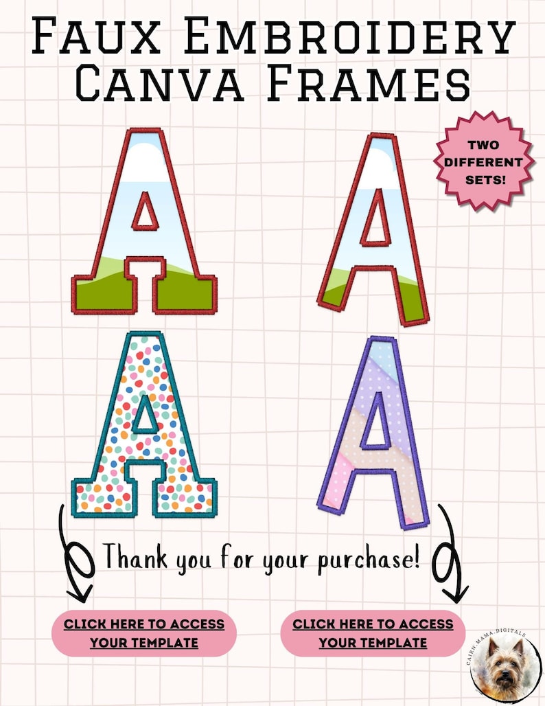 Peut inclure: Image pr&eacute;sentant quatre mod&egrave;les de lettres "A" avec un style de fausse broderie. Les lettres sont de diff&eacute;rentes couleurs et motifs, dont un paysage, des pois et un effet aquarelle. Le texte comprend "FAUX EMBROIDERY CANVA FRAMES" et "Merci pour votre achat!"