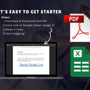 K&ouml;nnte beinhalten: Ein Laptop-Bildschirm zeigt ein Dokument mit dem Text "Peptide Tracker Link". Das Bild enth&auml;lt ein PDF-Symbol, ein Excel-Symbol und Anweisungen: "PDF kaufen und herunterladen", "Auf Google Sheet-Link klicken", "Eine Kopie erstellen" und "Mit der Protokollierung beginnen!"