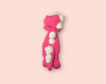 READY TO SHIP | Crochet Dino dinosaur lovey | Christmas Snuggler |Baby Toddler Gift | Hot Pink | Festive Holidays | handmade