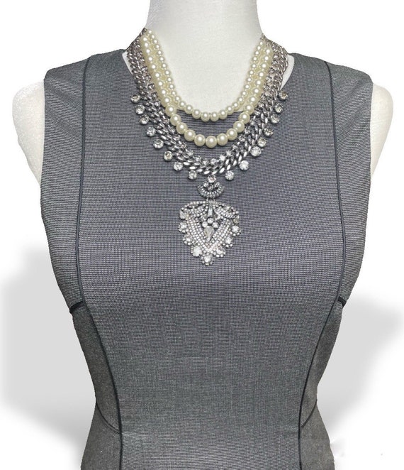Multi Strand Vintage Pearl and Rhinestone Pendant… - image 1