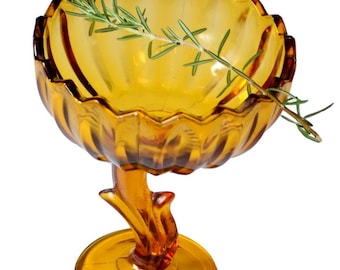 Groovy Baby! VINTAGE INDIANA GLASS Amber Compote Pedestal Bowl Lotus or Tulip