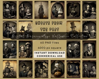 May include: A digital collection of 60 vintage-style Halloween images. The images feature ghosts, skeletons, and other spooky figures in a daguerreotype style. The images are 4000 pixels square and are available for instant download and commercial use.