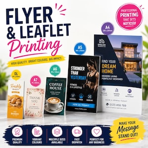 Puede incluir: Imagen promocional que muestra varios diseños de folletos y hojas sueltas. La imagen presenta ejemplos con texto como "Flyer & Leaflet Printing", "Freshly Baked" y "Find Your Dream Home". Los tamaños incluyen A4 (210 x 297 mm), A5, A6, A7 y DL.