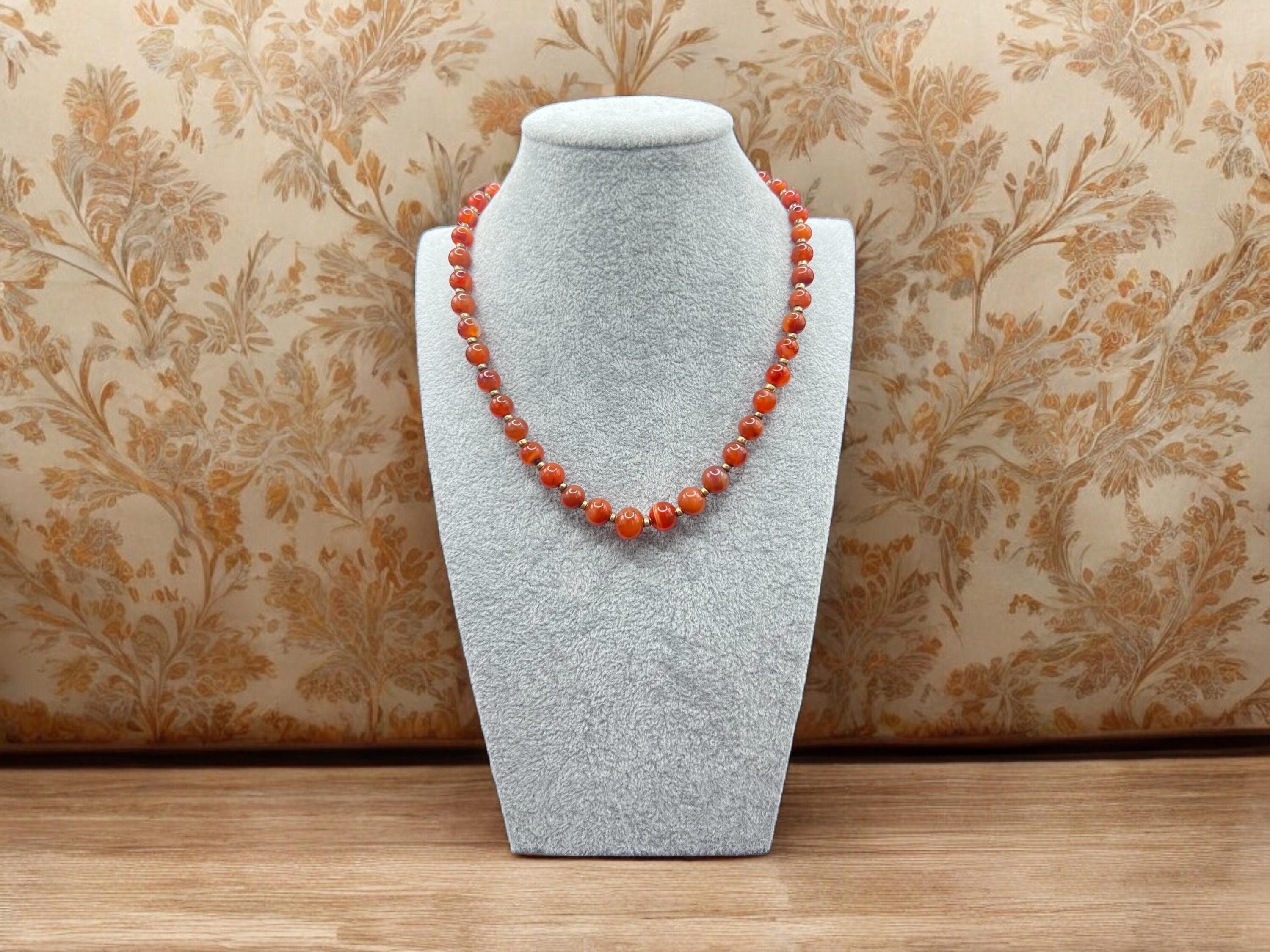 Collier Perles En Cornaline Naturelle Nouées - Tons Orange - Longueur 45 Cm - Occasion Bel état