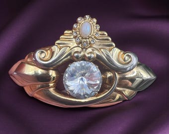 Vintage Deco-Inspired Gold-Tone Statement Brooch with Clear Rhinestone & Faux Moonstone