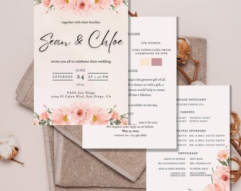 Editable Digital Ready for Download and edit Wedding Invitation Template with save-the-date card - Pink peach and blush floral