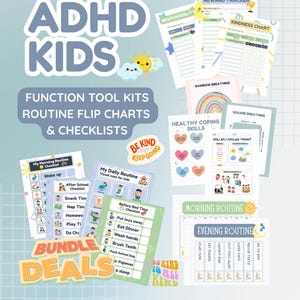 May include: ADHD Kids function tool kits, routine flip charts, and checklists. Includes a morning routine checklist, daily routine visual cues, and a before-bedtime checklist. Also includes a reward tracker, kindness chart, and healthy coping skills charts.