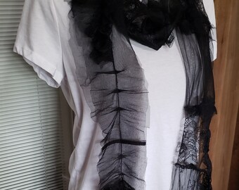 Free Rose Designs Boho Upcycled Black Lace And Tulle Wispy Scarf