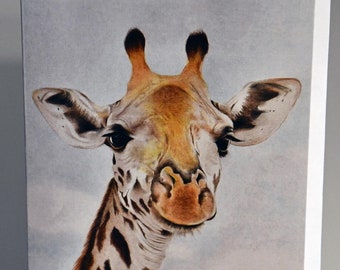 Questo biglietto d'auguri è un disegno a matita colorata di una giraffa africana selvatica.