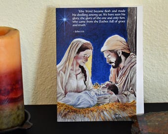 Tarjeta navideña, escena de la Natividad con versículo bíblico