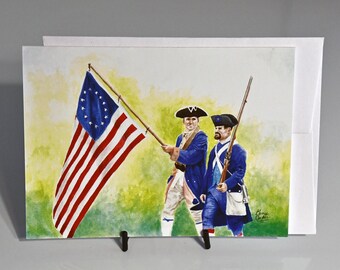 In questo biglietto d'auguri patriottico sono raffigurati soldati rivoluzionari.