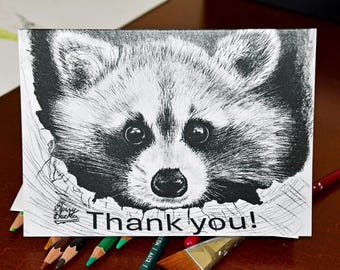 Biglietto di ringraziamento a forma di procione: disegno a carboncino, biglietto di apprezzamento