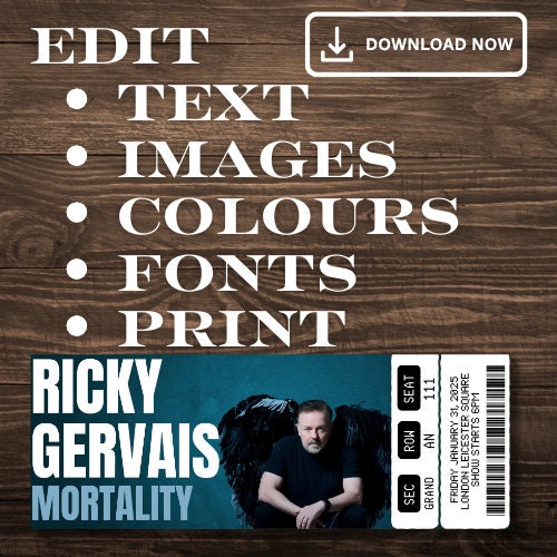 Printable Ricky Gervais Comedy Show Tickets Personalized Gift Reveal