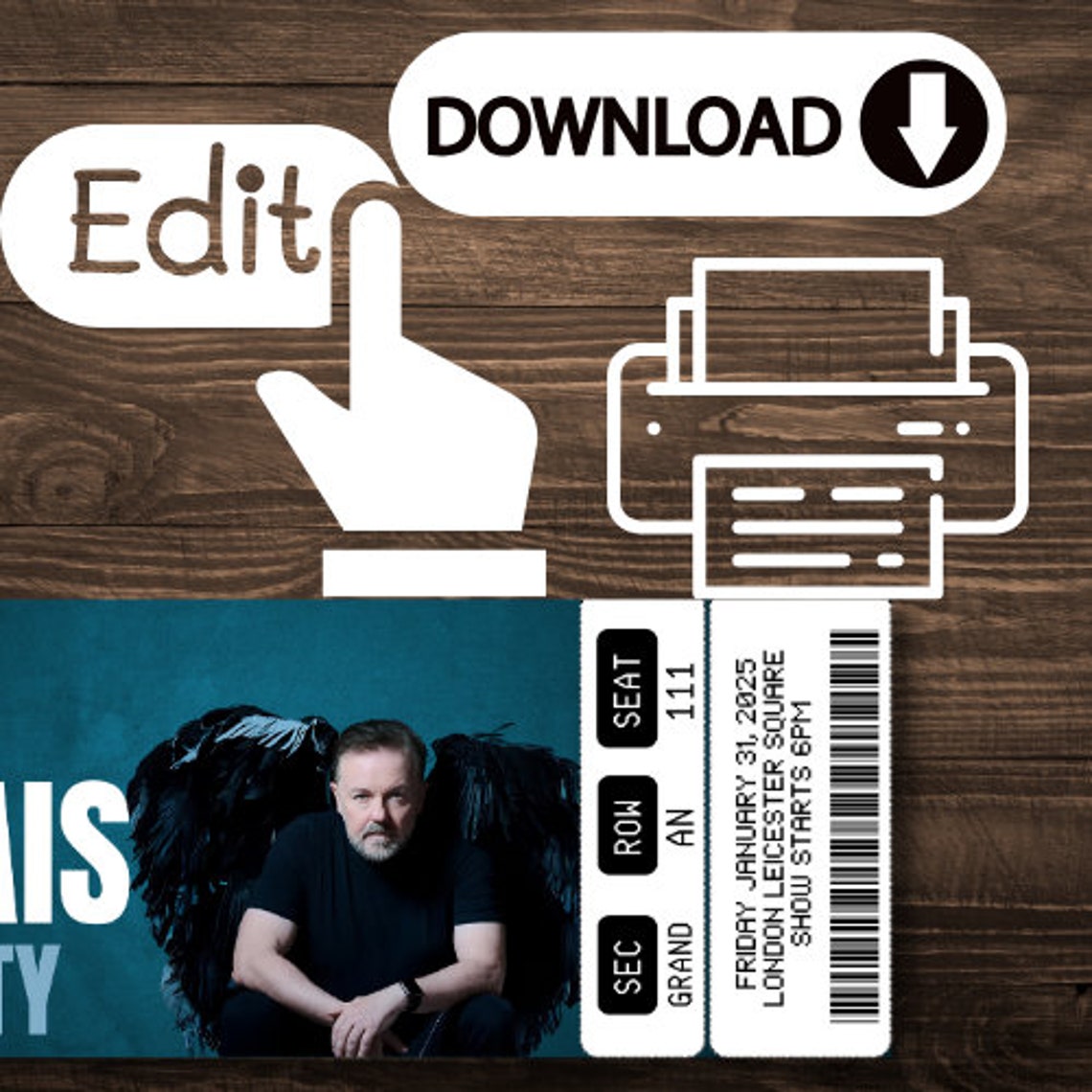 Printable Ricky Gervais Comedy Show Tickets Personalized Gift Reveal