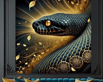 Golden Serpent Aluminum Print: Mystical Black Snake Wall Art