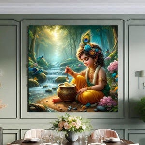 Könnte beinhalten: Ein Gemälde, das einen jungen Jungen, möglicherweise Krishna, zeigt, der in einer Waldlandschaft sitzt und aus einer Schüssel mit einem Löffel isst. Er trägt ein gelbes und grünes Outfit und eine Blumenkrone. Das Gemälde ist vor dem Hintergrund von üppigem Grün und einem fließenden Bach angeordnet.